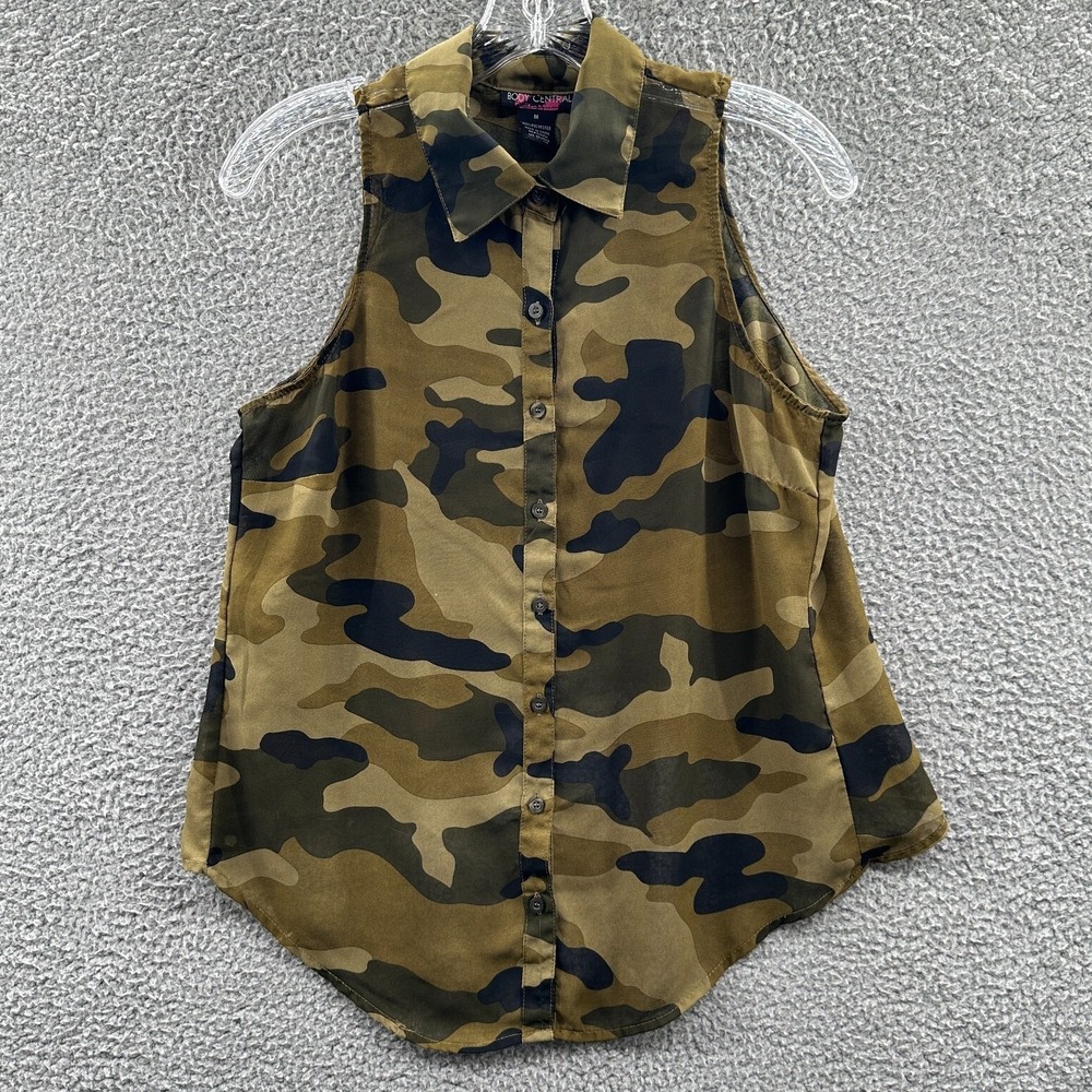 Womens Camo Sleeveless Button Shirt Top M Indie Utility Gorpcore Sheer Casual